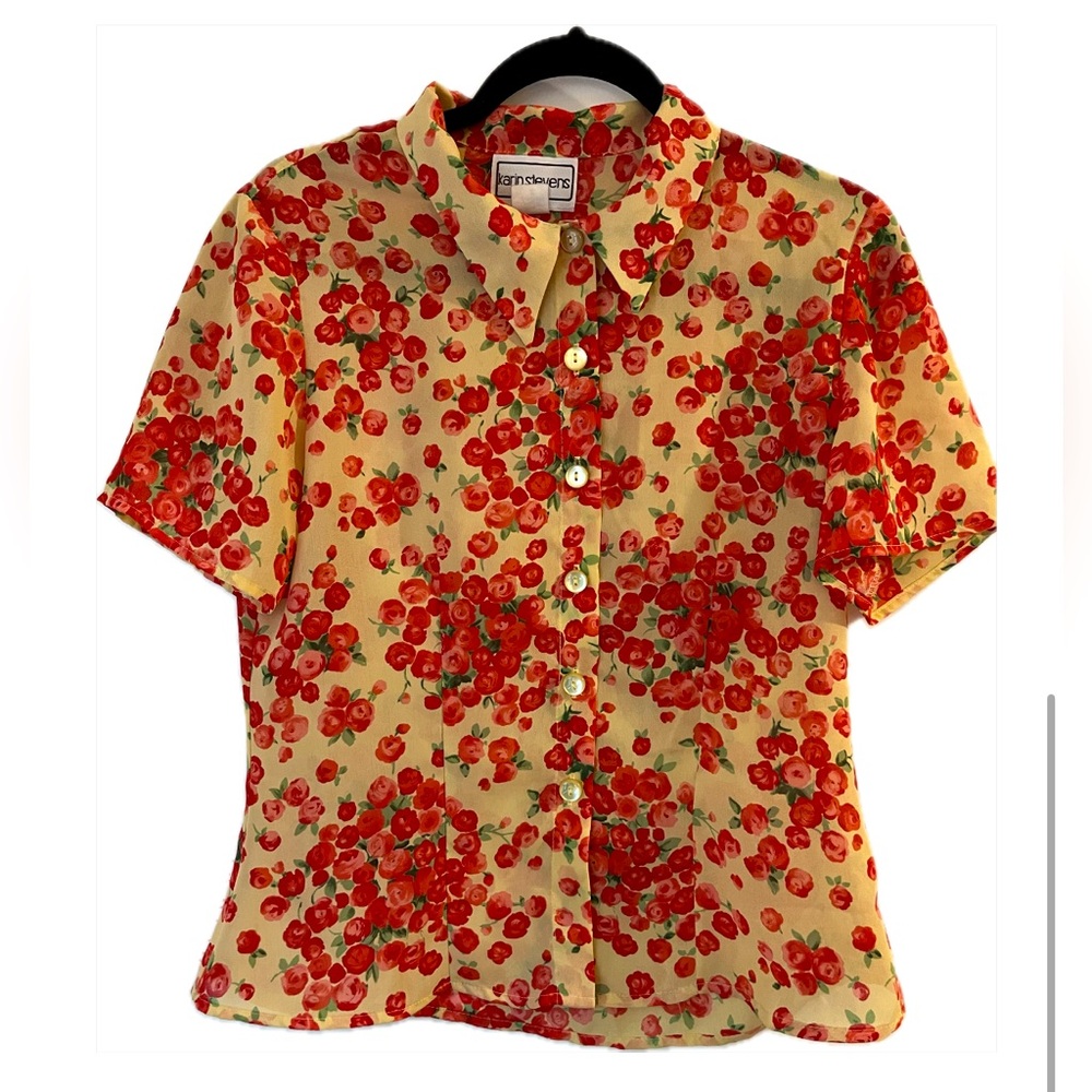 Karin Steven’s matching collar shirt and maxi dress set floral yellow red Sz 8